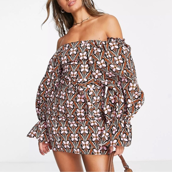 ASOS Luxe Extreme Sleeve Belted Mini Dress Retro Floral Off Shoulder - Picture 2 of 16